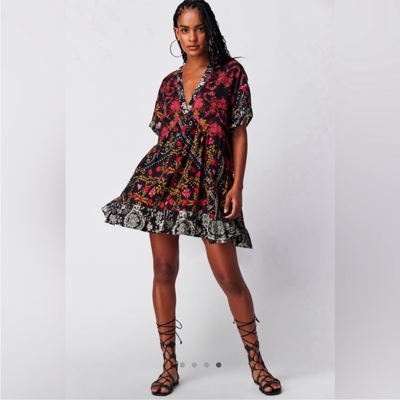 Free People 100% Cotton Black and Pink Short Sleeve V Neck Agnes Mini Dress - Picture 4 of 13